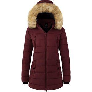Women's Puffer Jacket Coat Wine Red Fur Puffer Hood Winter Snowy Weather Warm